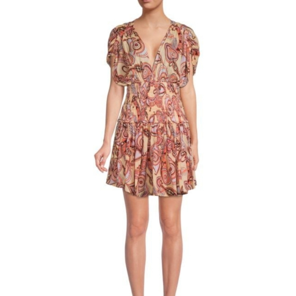A.L.C. Luna Print Smocked Mini Dress Cinched Waist Smocking Short Sleeve Size 6